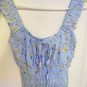 Cropped Ruched Blue Flower Tank with Tie